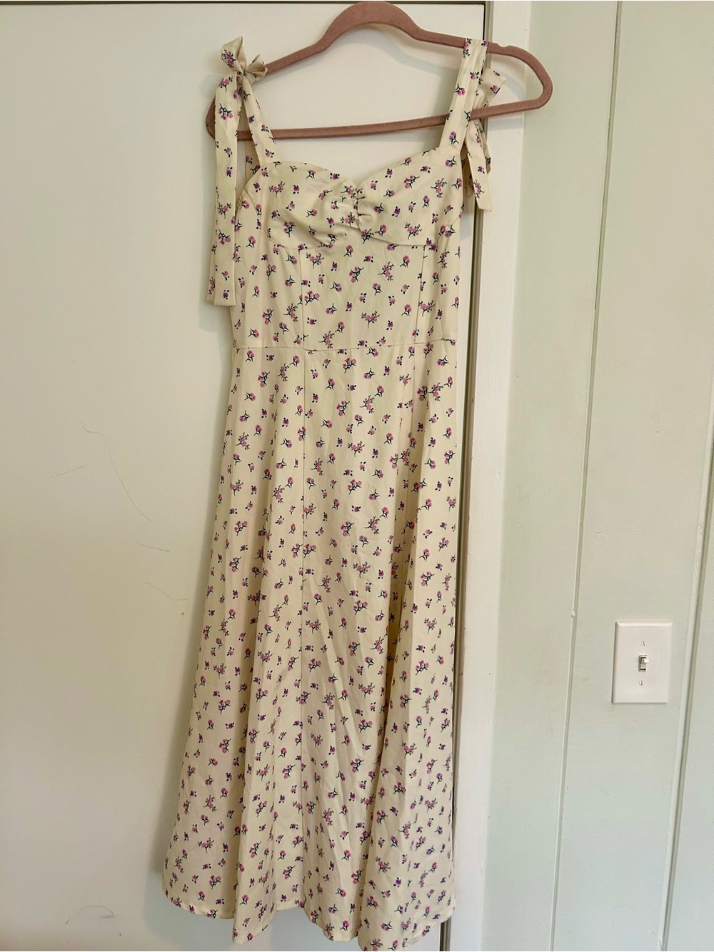 Pale Yellow Floral Tie-Strap Midi Dress with Slit